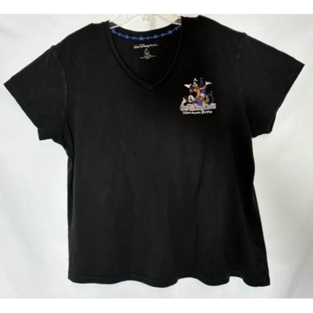 Walt Disney‎ World Mickey Goofy Donald Embroidered Tee XXL Black V Neck